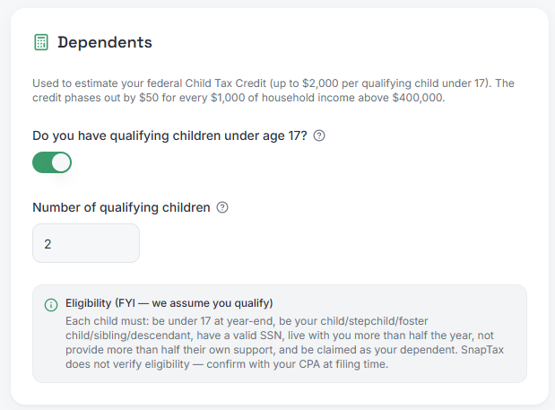 SnapTax April 2026 update: Child Dependent Tracking in TaxProfile for freelance parents.