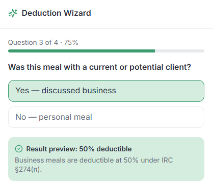 SnapTax Deduction Wizard showing 50% deductibility for business meals, part of the April 2026 update.