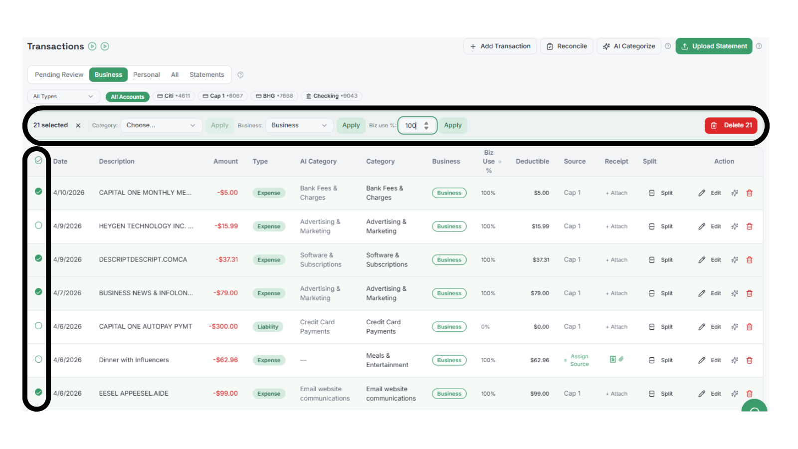 SnapTax April 2026 update for freelancers: transaction review and categorization for 1099 workers.