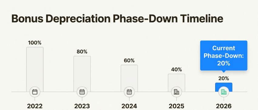 Bonus depreciation phase-down timeline bar chart for asset depreciation tax deductions for freelancers.